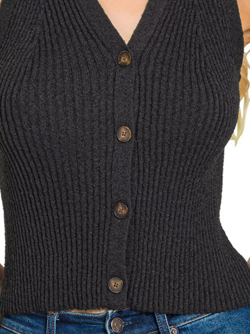 Ribbed Knit Button-Down Sweater Vest, image 2