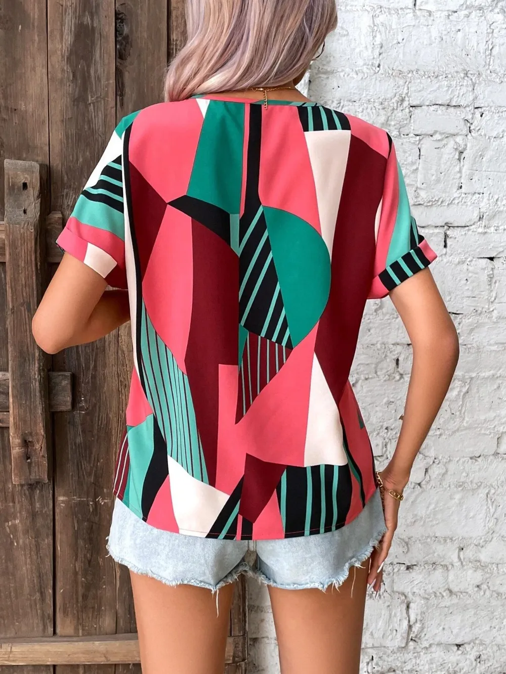 Printed V-Neck Short Sleeve Blouse, image 21