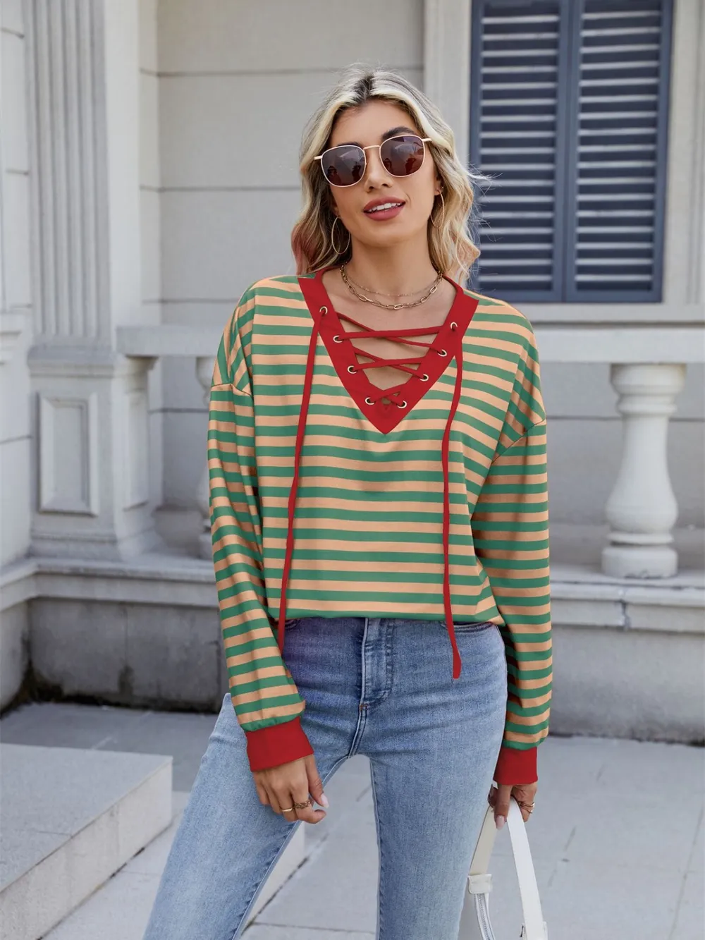 Lace-Up Striped Long Sleeve T-Shirt, image 8