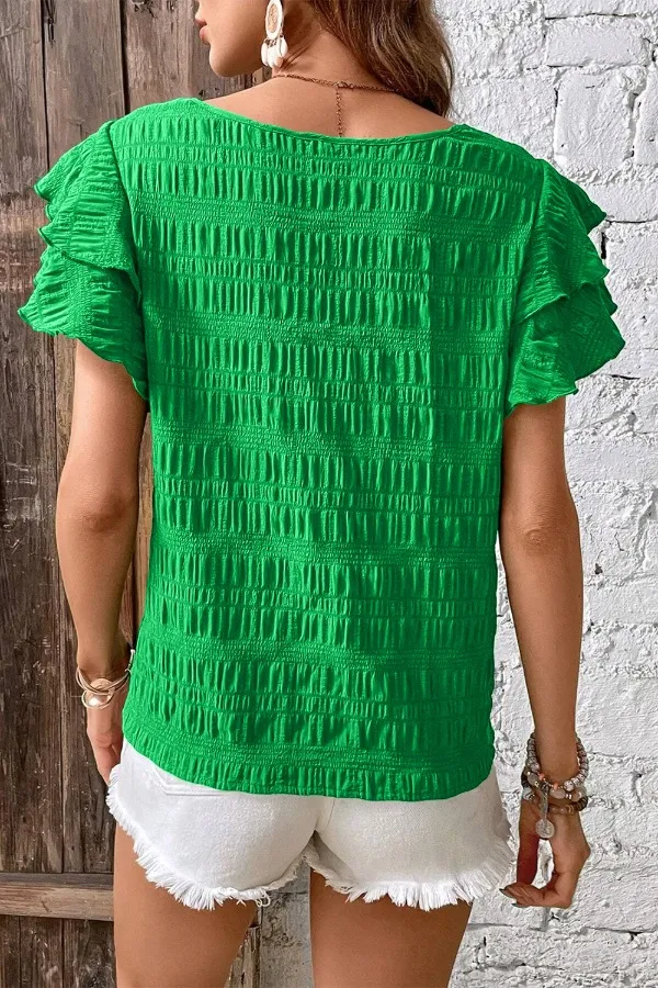 Textured Ruffled Sleeve Round Neck Top, image 9