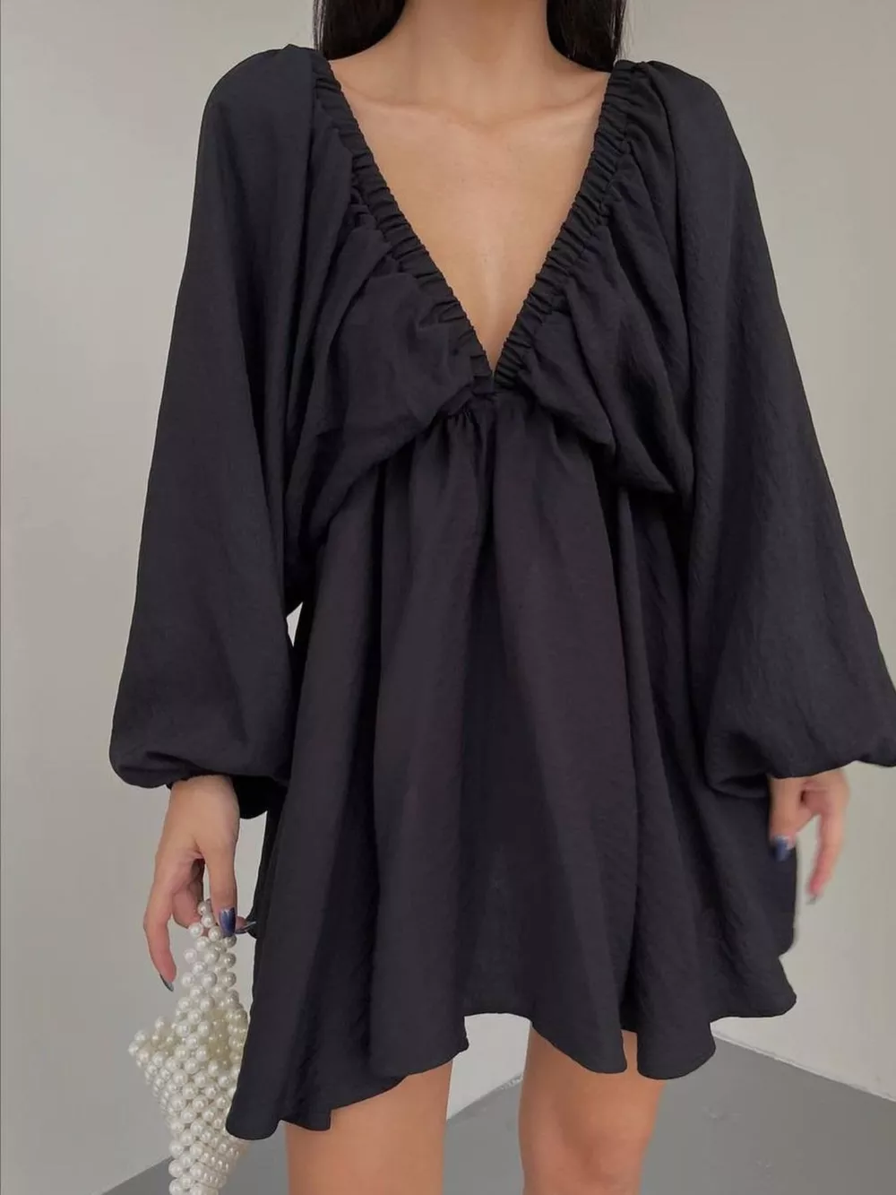 Deep V-Neck Balloon Sleeve Dress, image 14