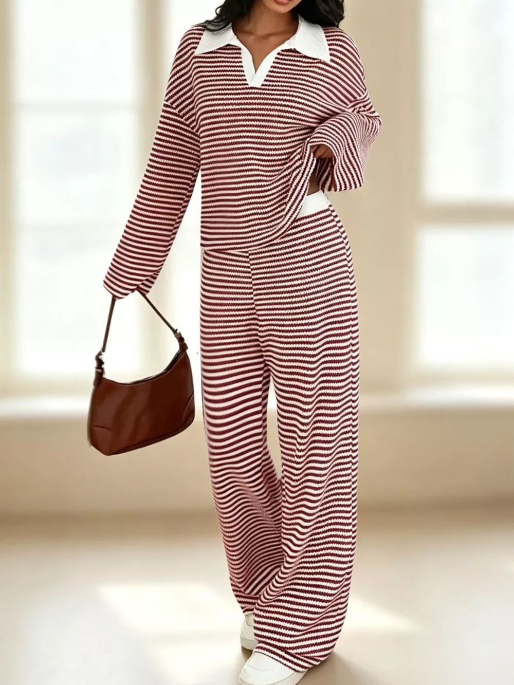 Striped Long Sleeve Polo and Wide-Leg Pants Set, image 3