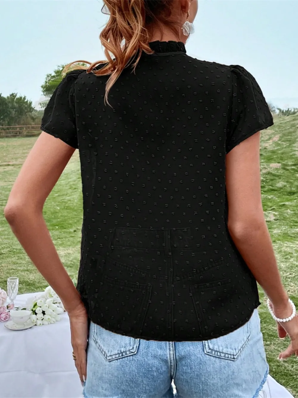 Frill Swiss Dot Tie Neck Short Sleeve Blouse, image 2
