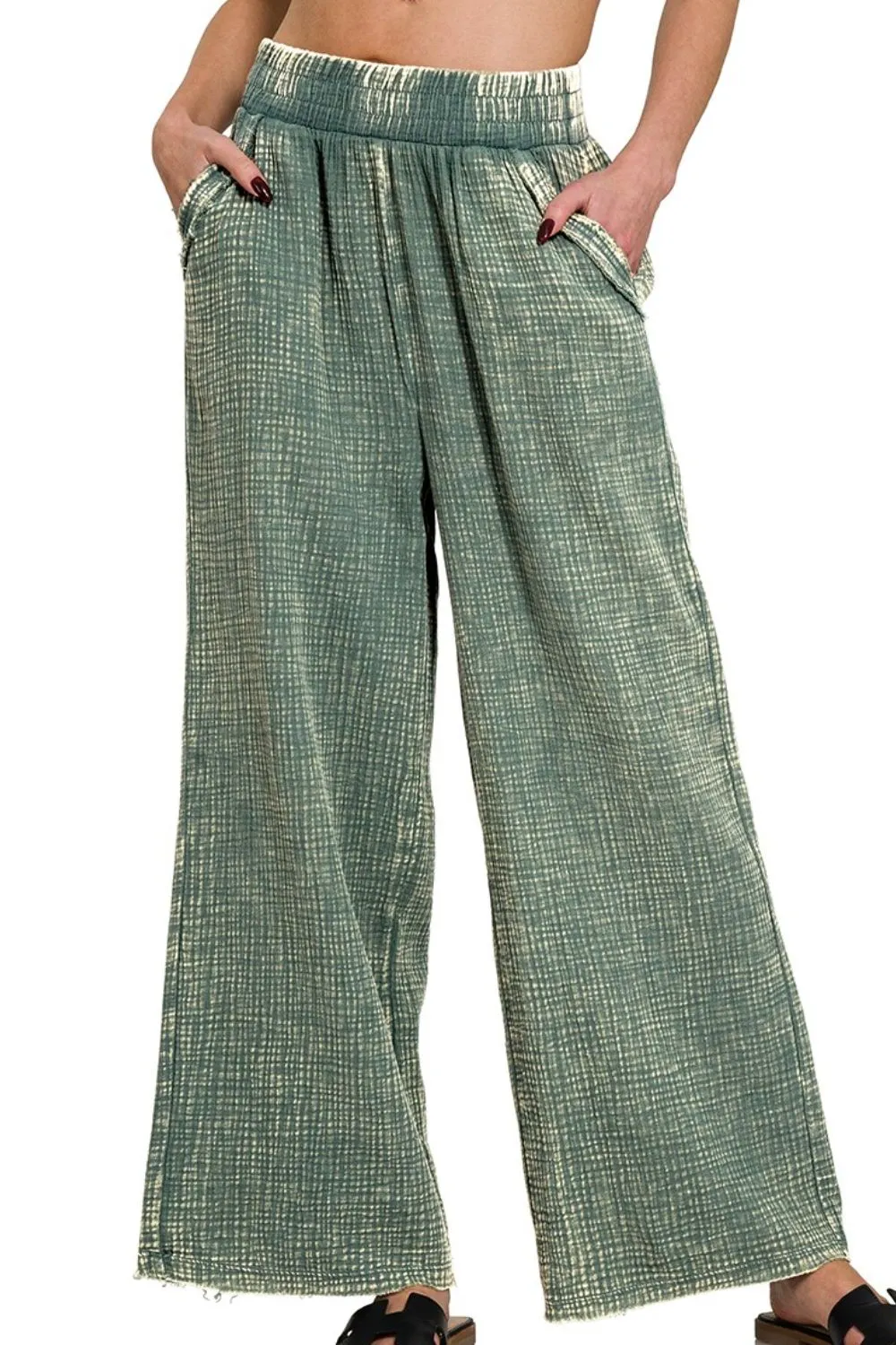 Washed Double Gauze Elastic Band Waist Pants