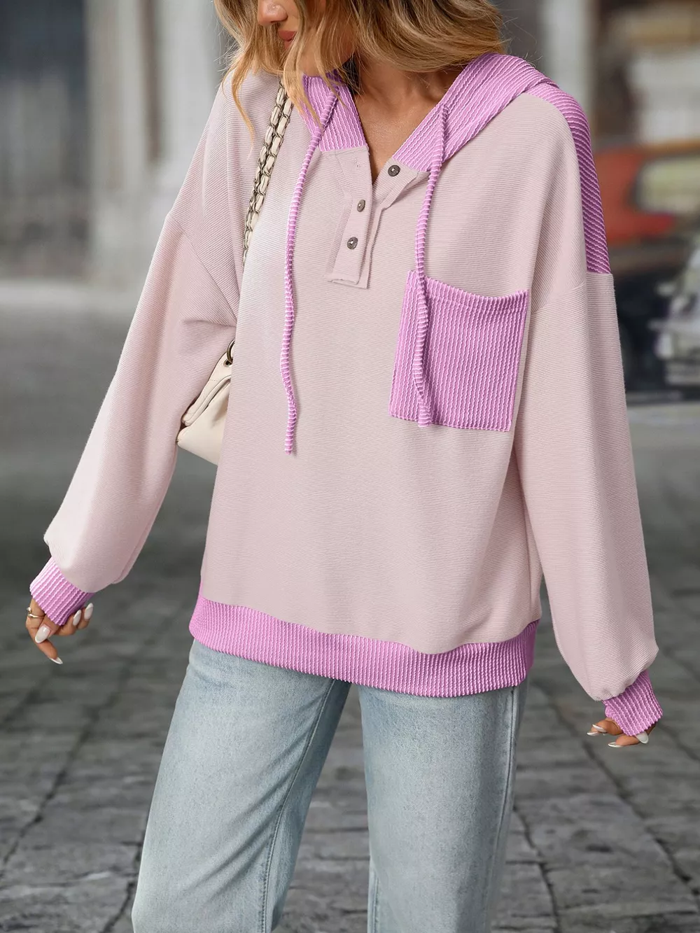 Casual Color Block Button Detail Hoodie, image 3