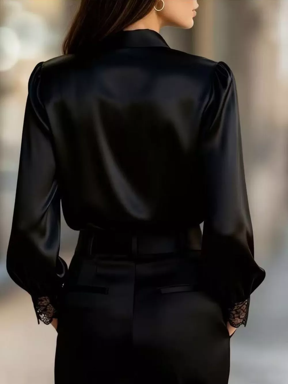 Lace Trim Satin Button Up Shirt, image 5