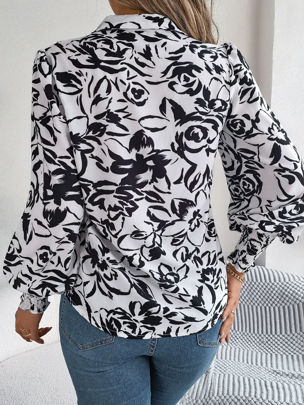 Printed Collared Neck Lantern Sleeve Shirt, image 8