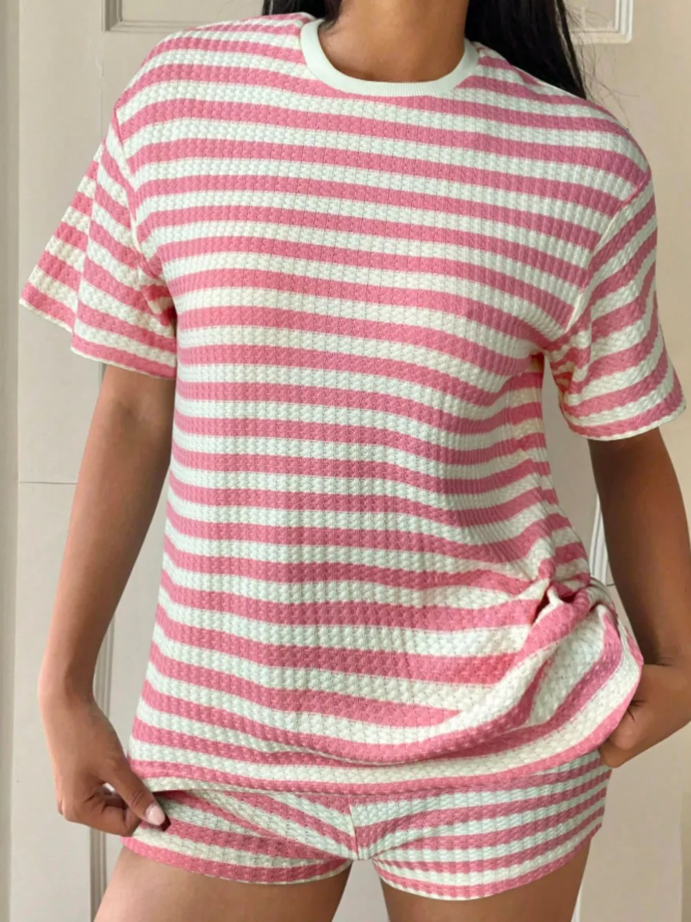 Striped Round Neck Top and Shorts Set, image 12