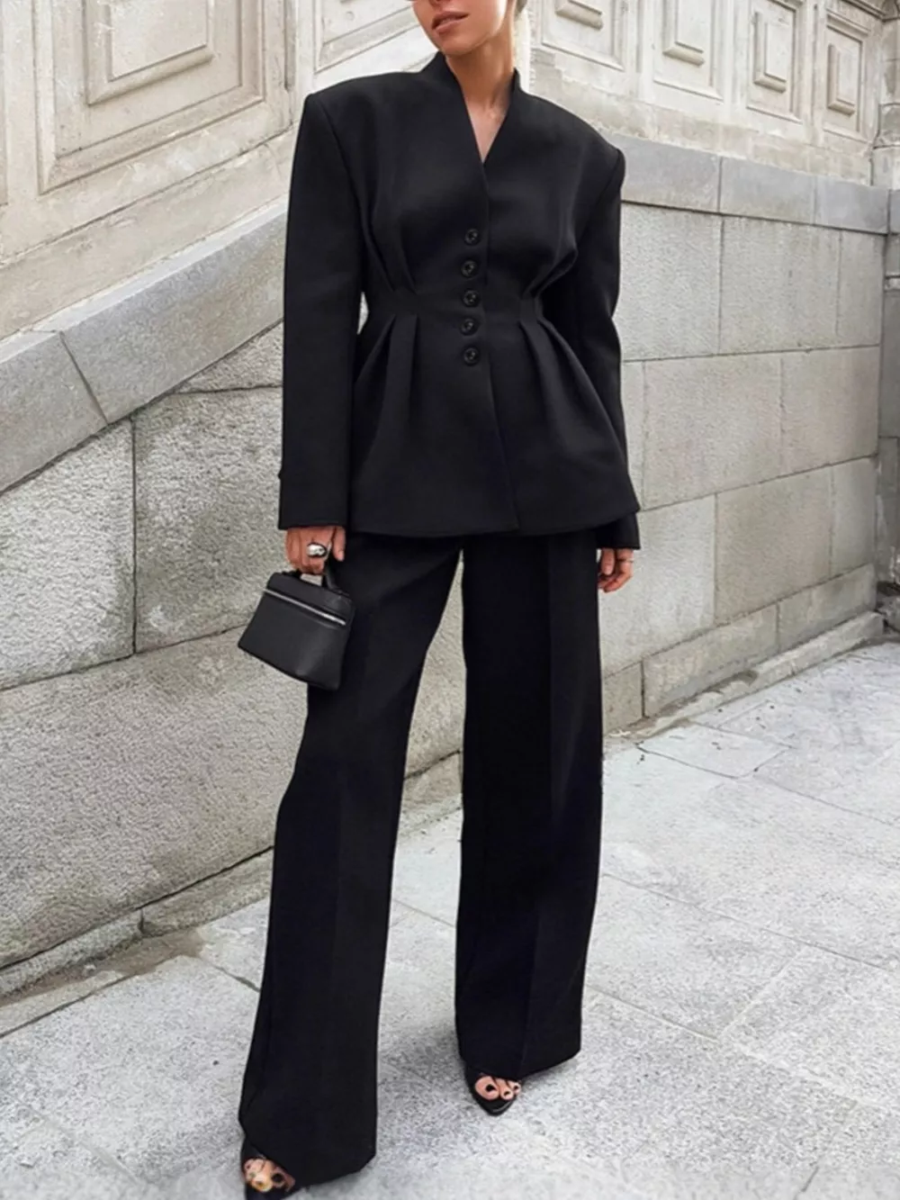 Chic Button Down Pleated Blazer and Wide-Leg Pants Suit Set, image 4