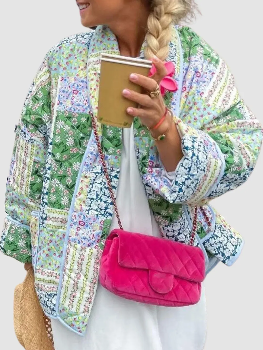 Printed Patchwork Open Front Cardigan with Pockets, image 2