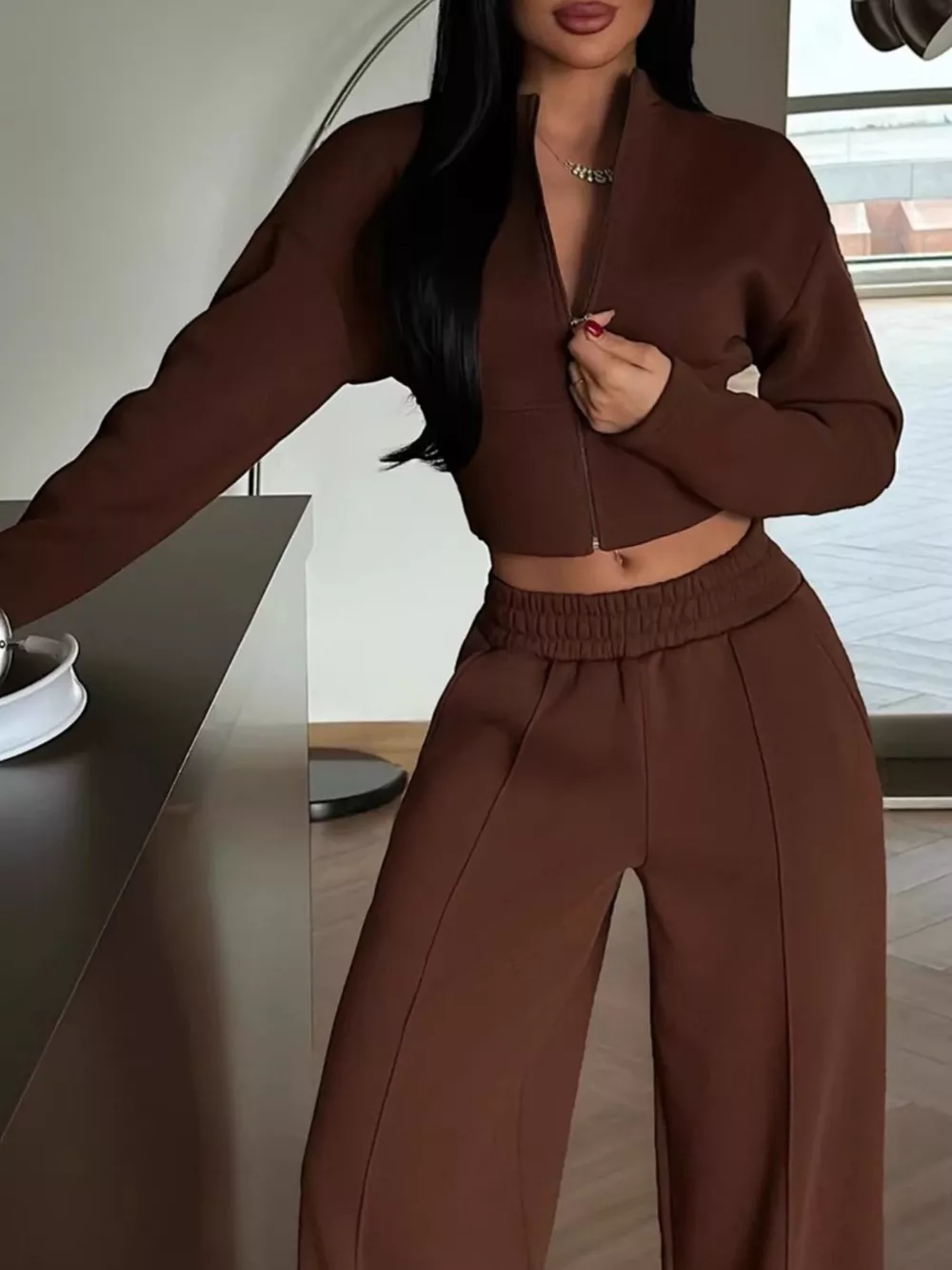 Zip-Up Crop Jacket and Wide-Leg Pants Set, image 12