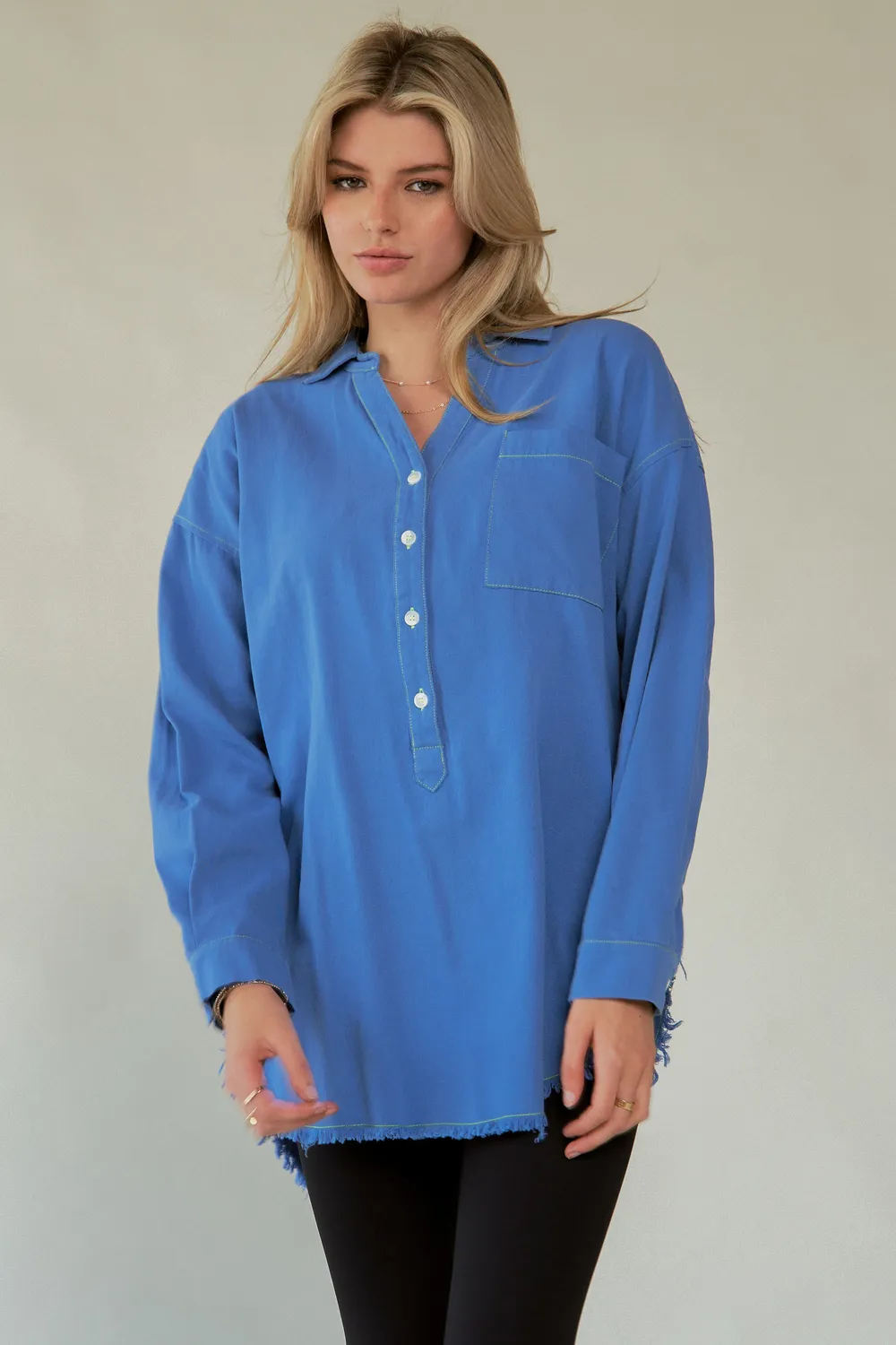 Letter Back Raw Hem Half Button Shirt, image 9