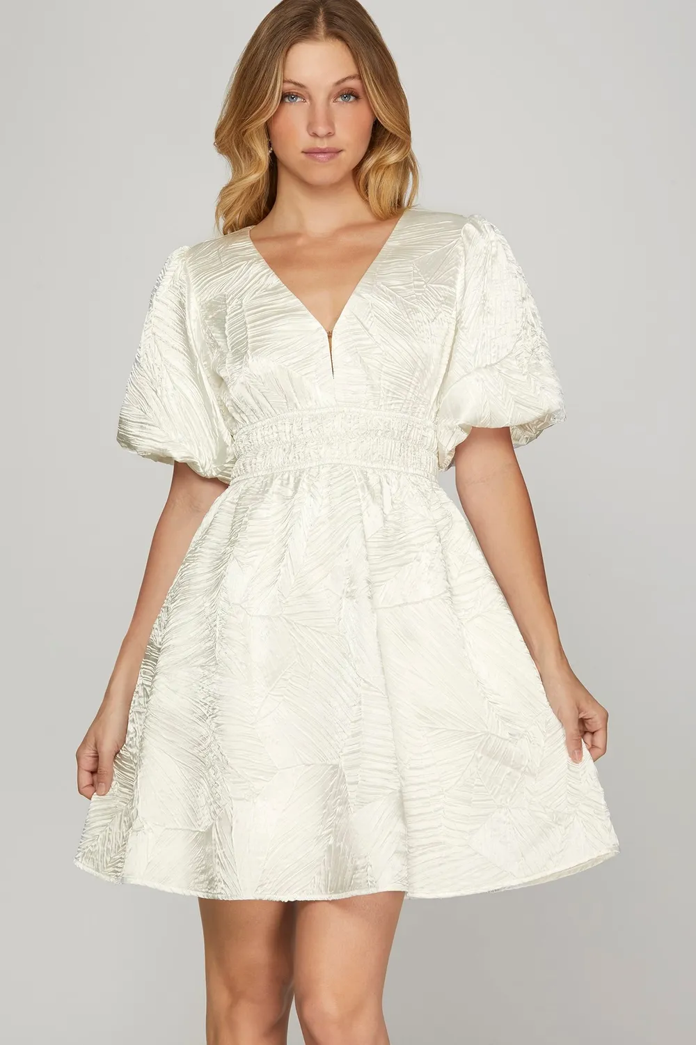 Crinkle Woven V-Neck Balloon Sleeve Mini Dress