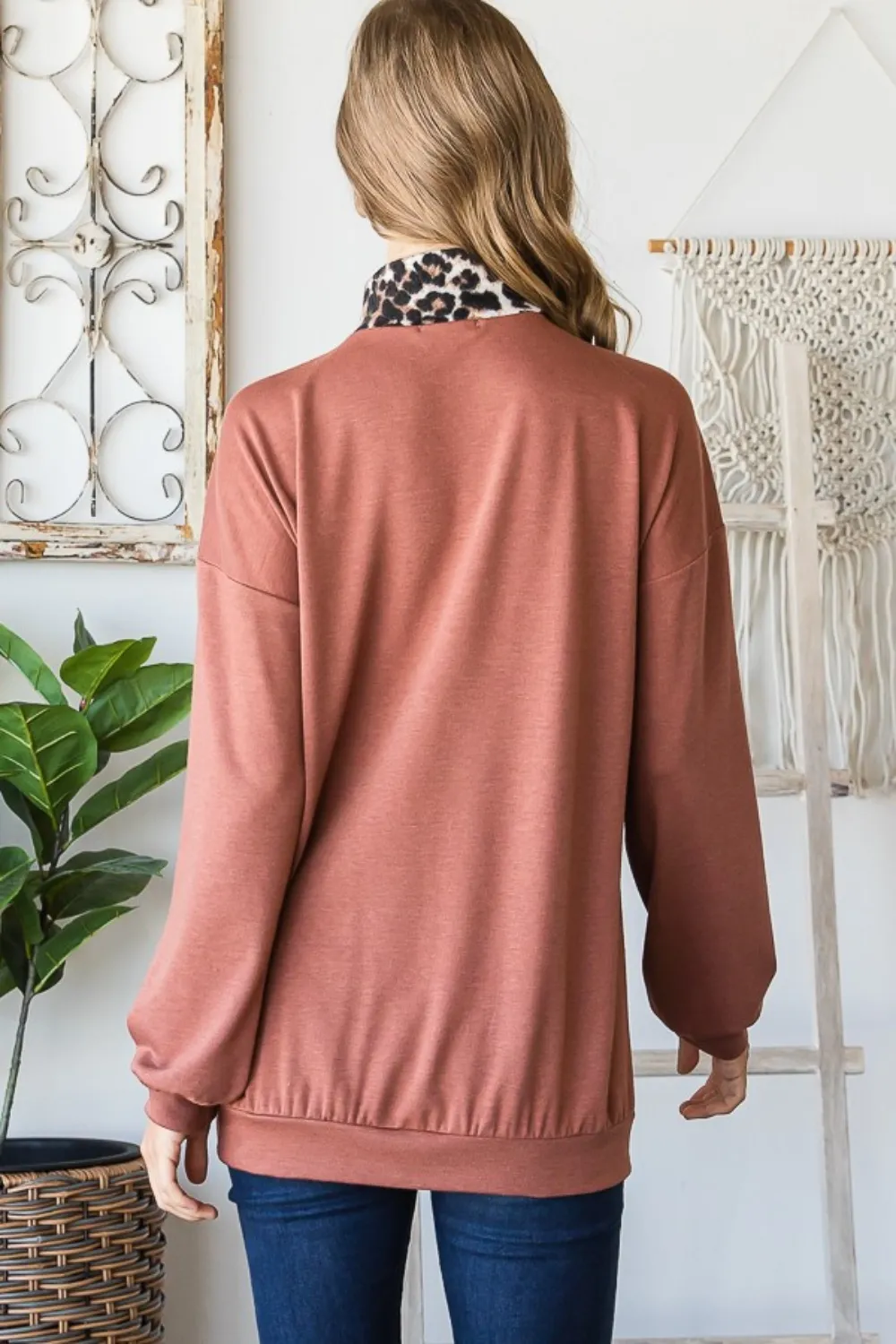 Full Size Leopard Quarter Zip Mock Neck Sweatshirt, image 2