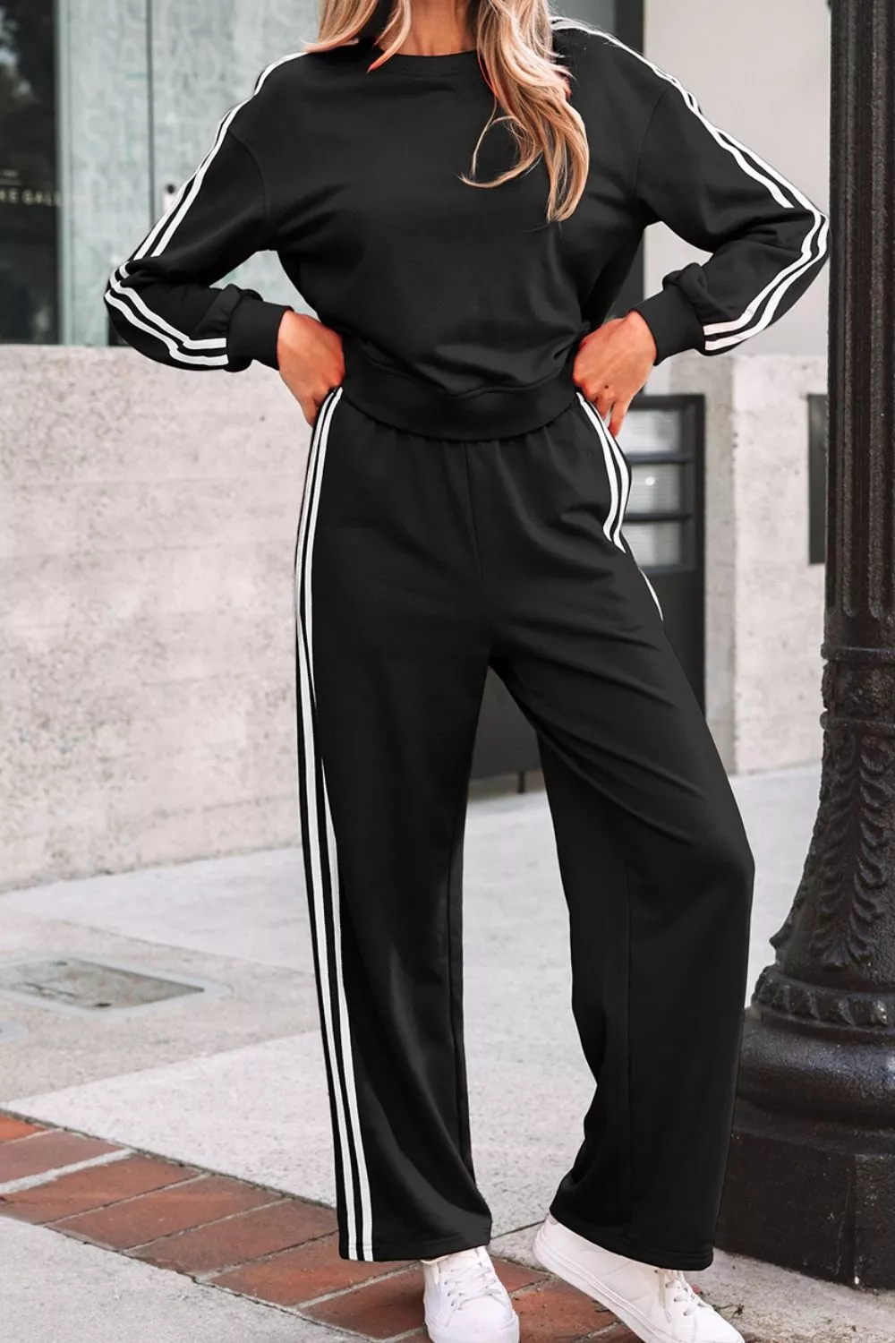 Striped Detail Crewneck Pullover Elastic Sweatpants 2pcs Outfit, image 4