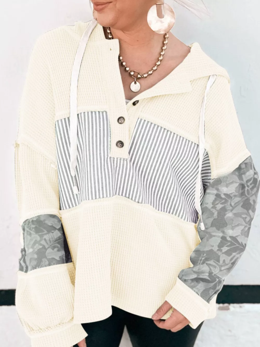 Waffle Knit Striped Drawstring Hoodie, image 5