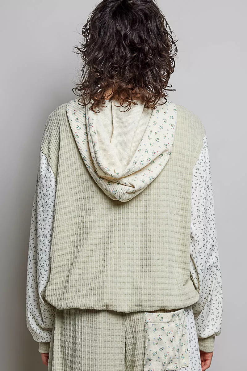 POL Mixed Knit Contrast Print Sleeve Hoodie with Kangaroo Pocket, image 3