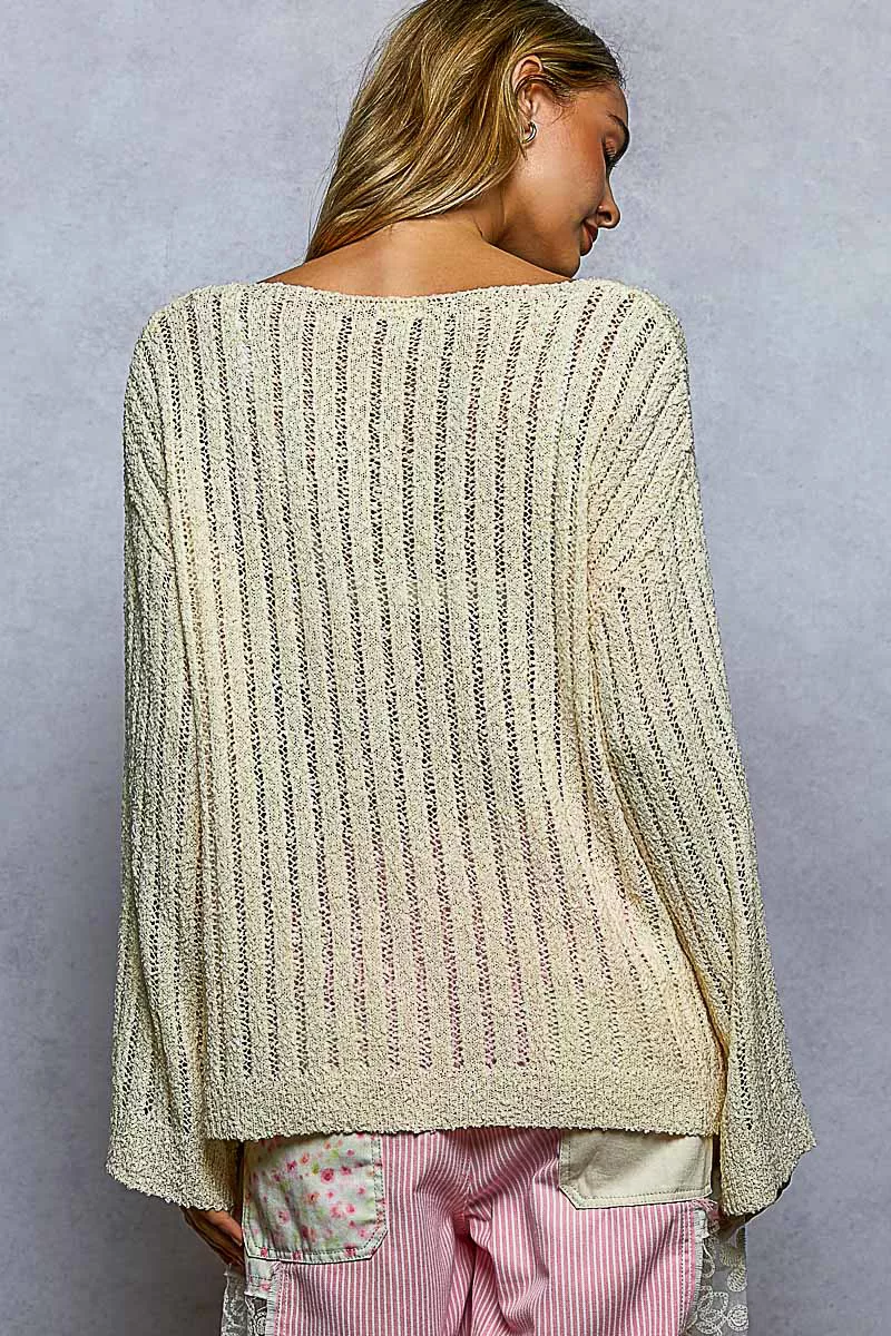 Round Neck Long Sleeve Open Weave Sweater, image 5
