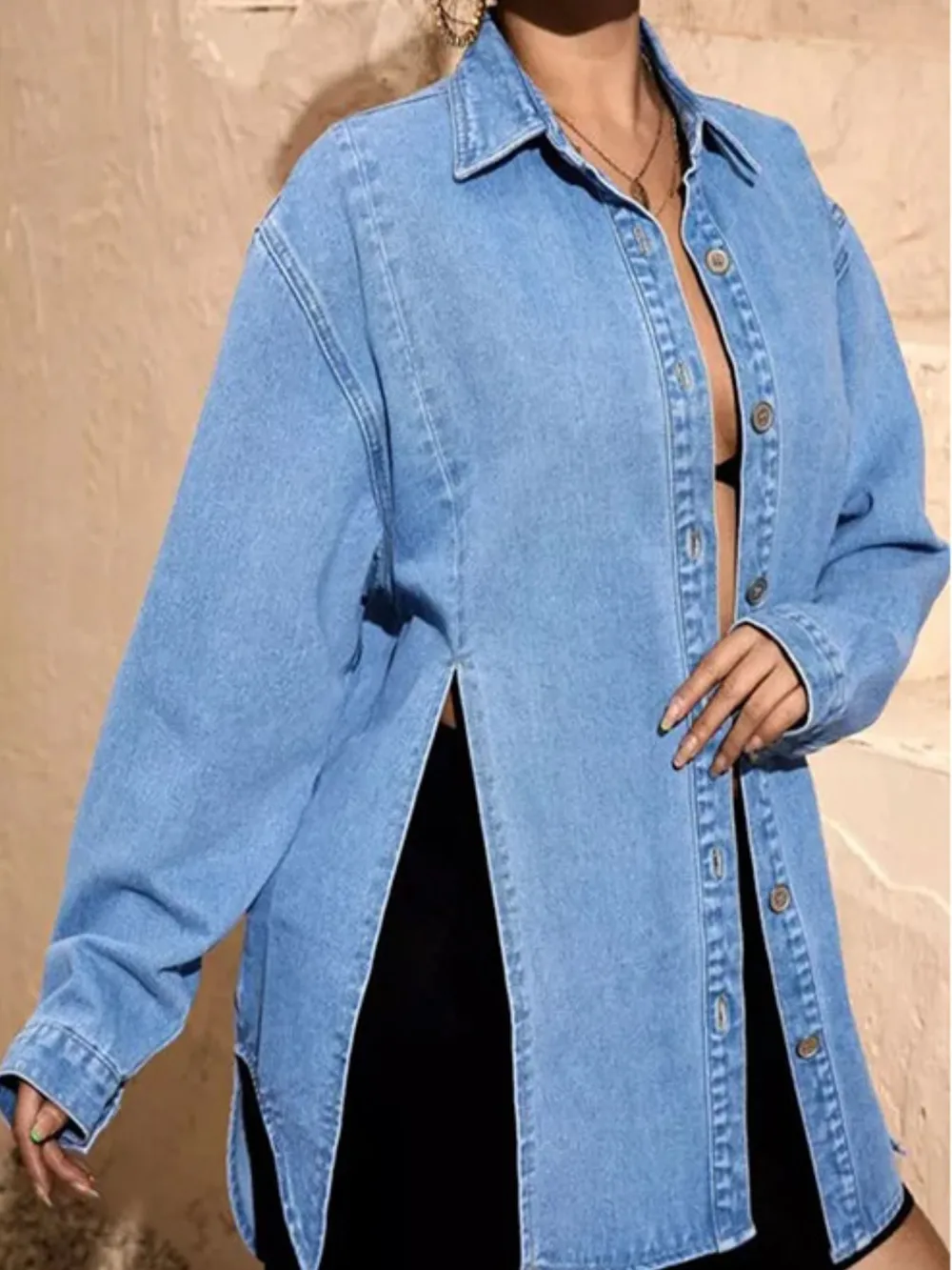 Slit Button Up Denim Shirt, image 4