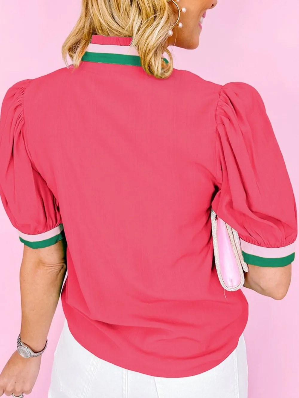 Carrot Colorful Trim V Neck Short Sleeve Blouse, image 10