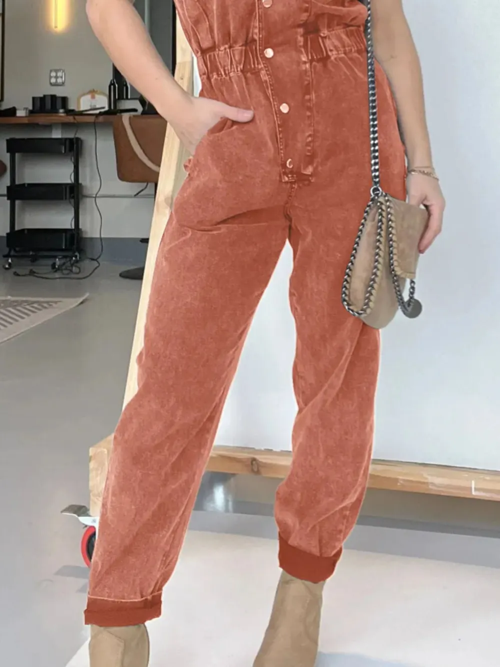 Full Size Button Front Cap Sleeve Denim Jumpsuit Plus Size, image 11
