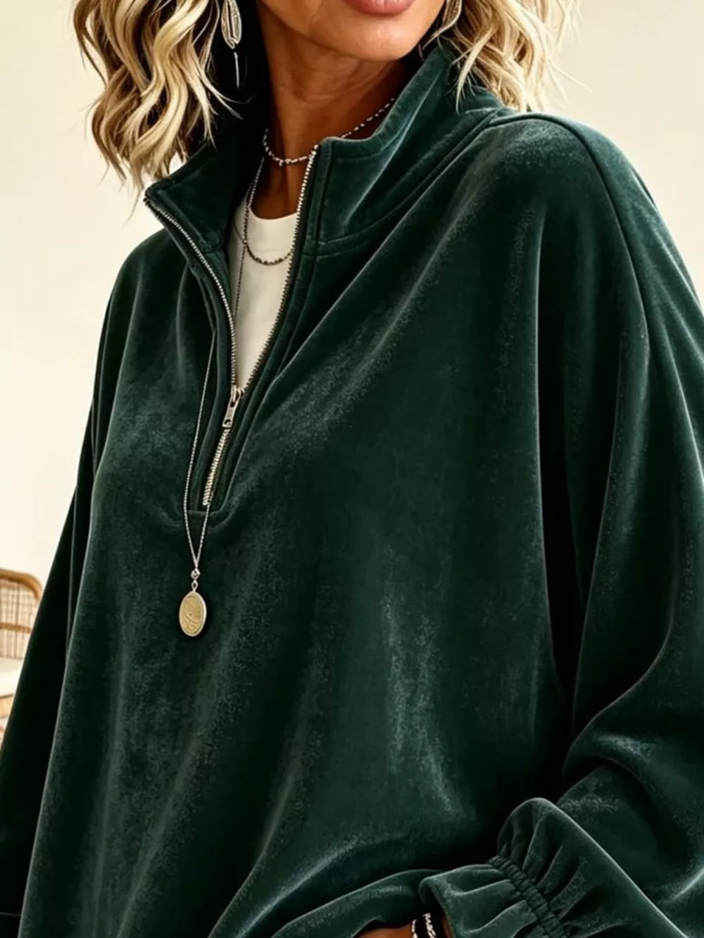 Velvet Quarter-Zip Sweatshirt with Ruffled Cuffs, image 5