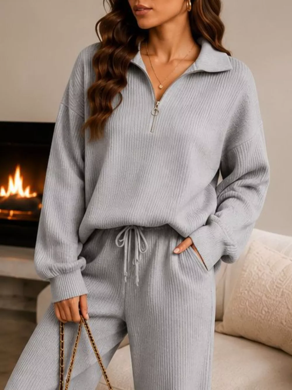 Ribbed Knit Quarter-Zip Top and Wide-Leg Pants Set, image 9
