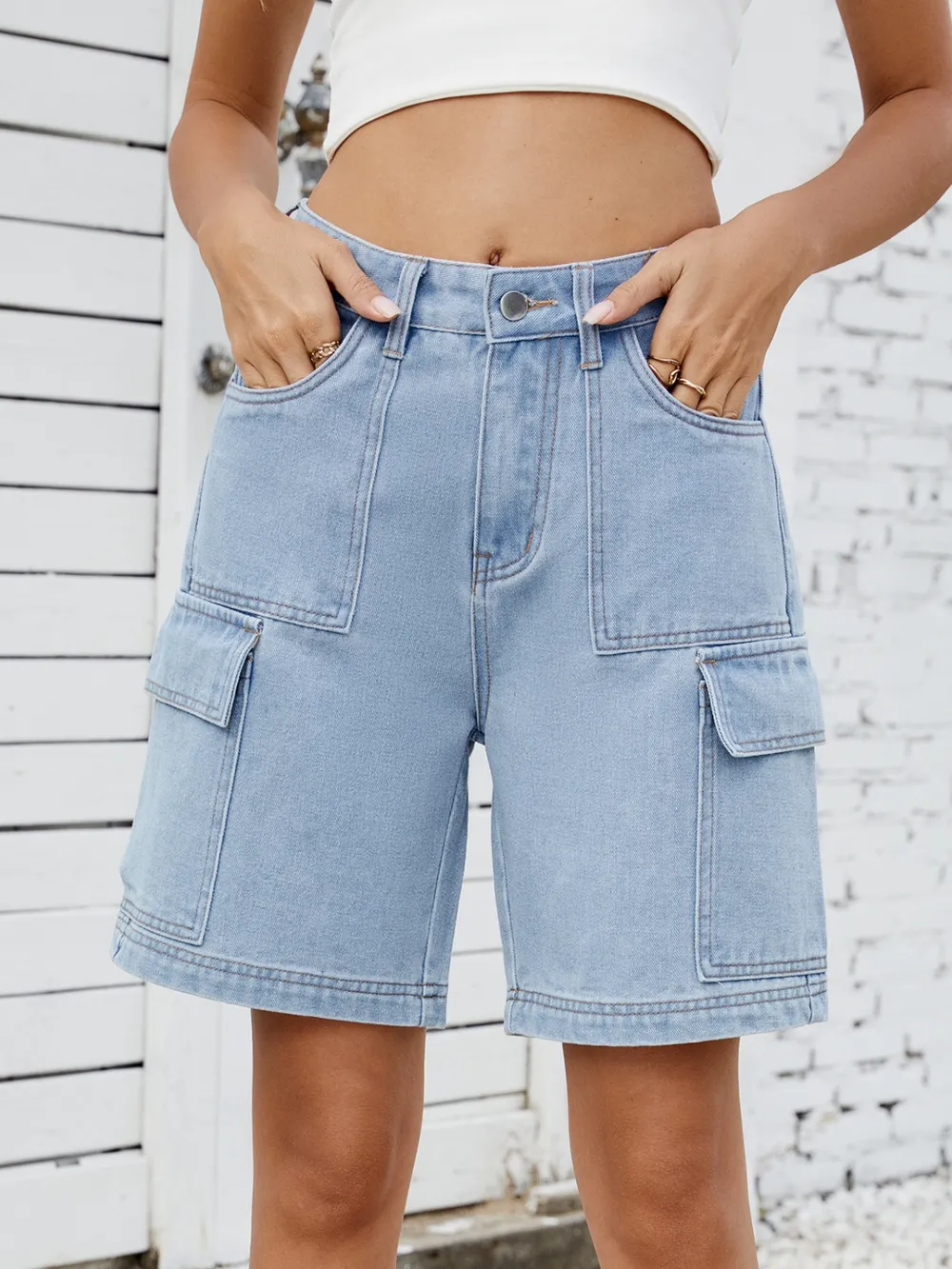 High Waist Denim Shorts with Cargo Pockets, image 13