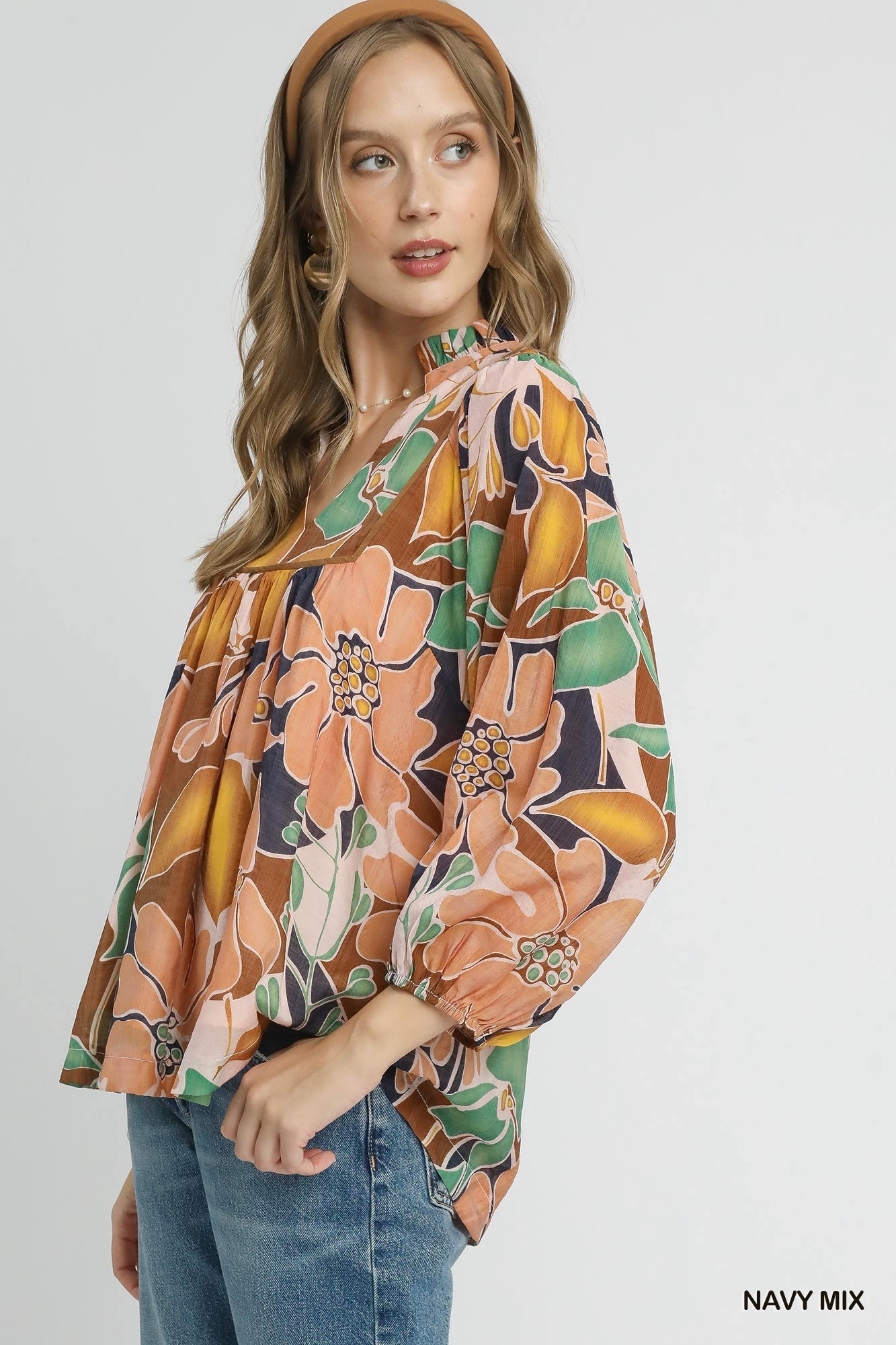 Multicolor Abstract Floral Print Blouse with Ruffle Neck, image 4