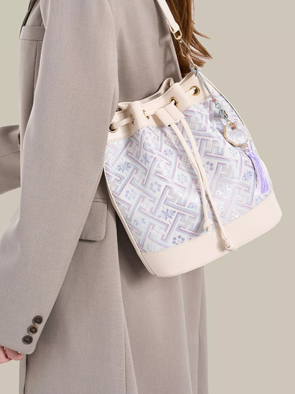 Geometric Pattern Jacquard Drawstring Bucket Crossbody Bag, image 3