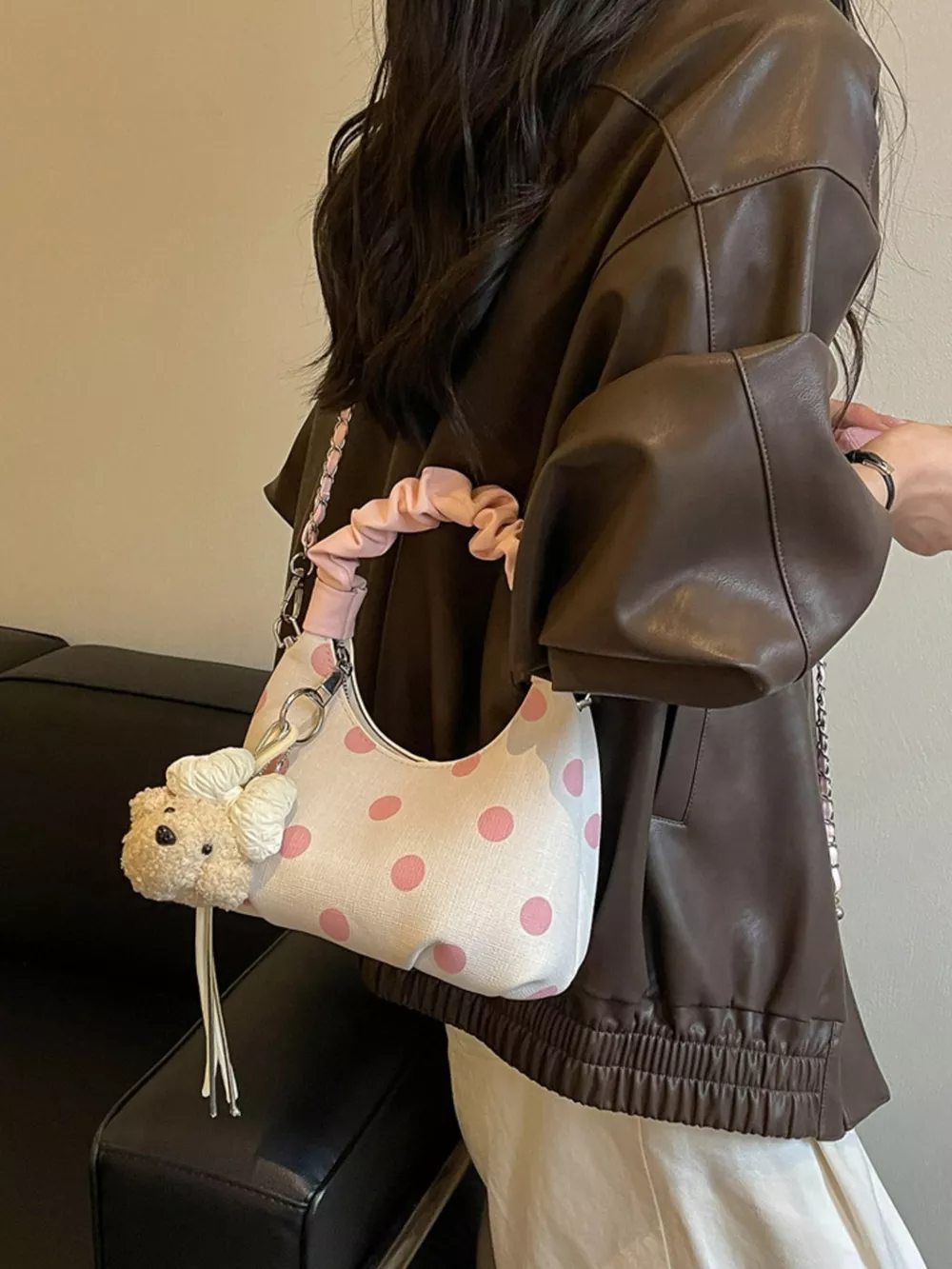 Polka Dot Ruched Handle Crossbody Bag, image 2