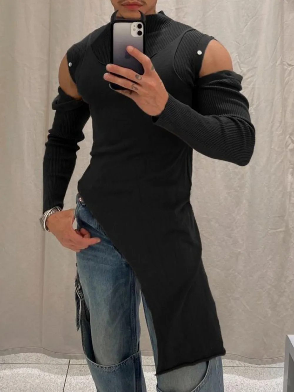 Men's Asymmetrical Mock Neck Cold Shoulder Top