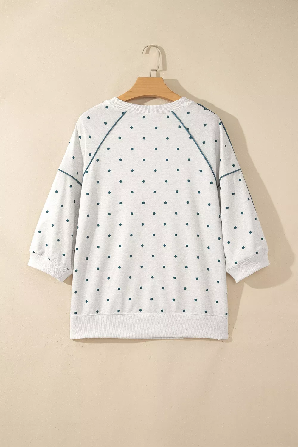 Polka Dot Print Piping Trim 3/4 Sleeve Relaxed Top, image 4
