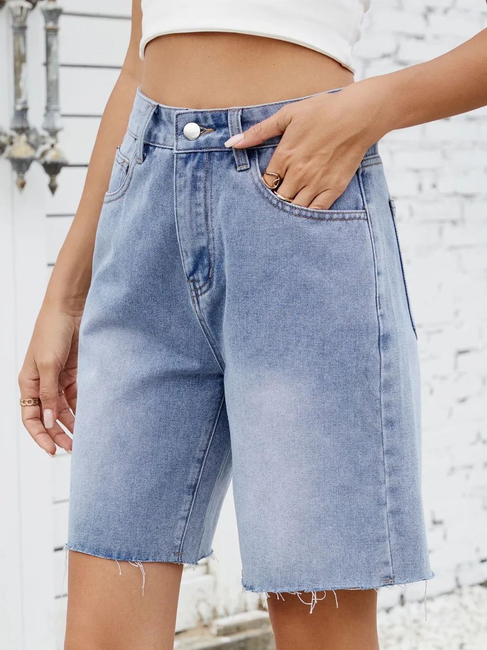 Washed Raw Hem Denim Shorts, image 8