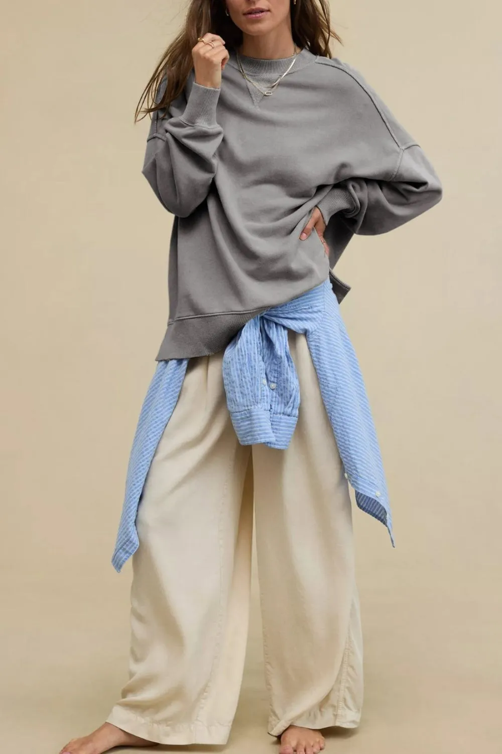 Side Slit Round Neck Long Sleeve Sweatshirt, image 18