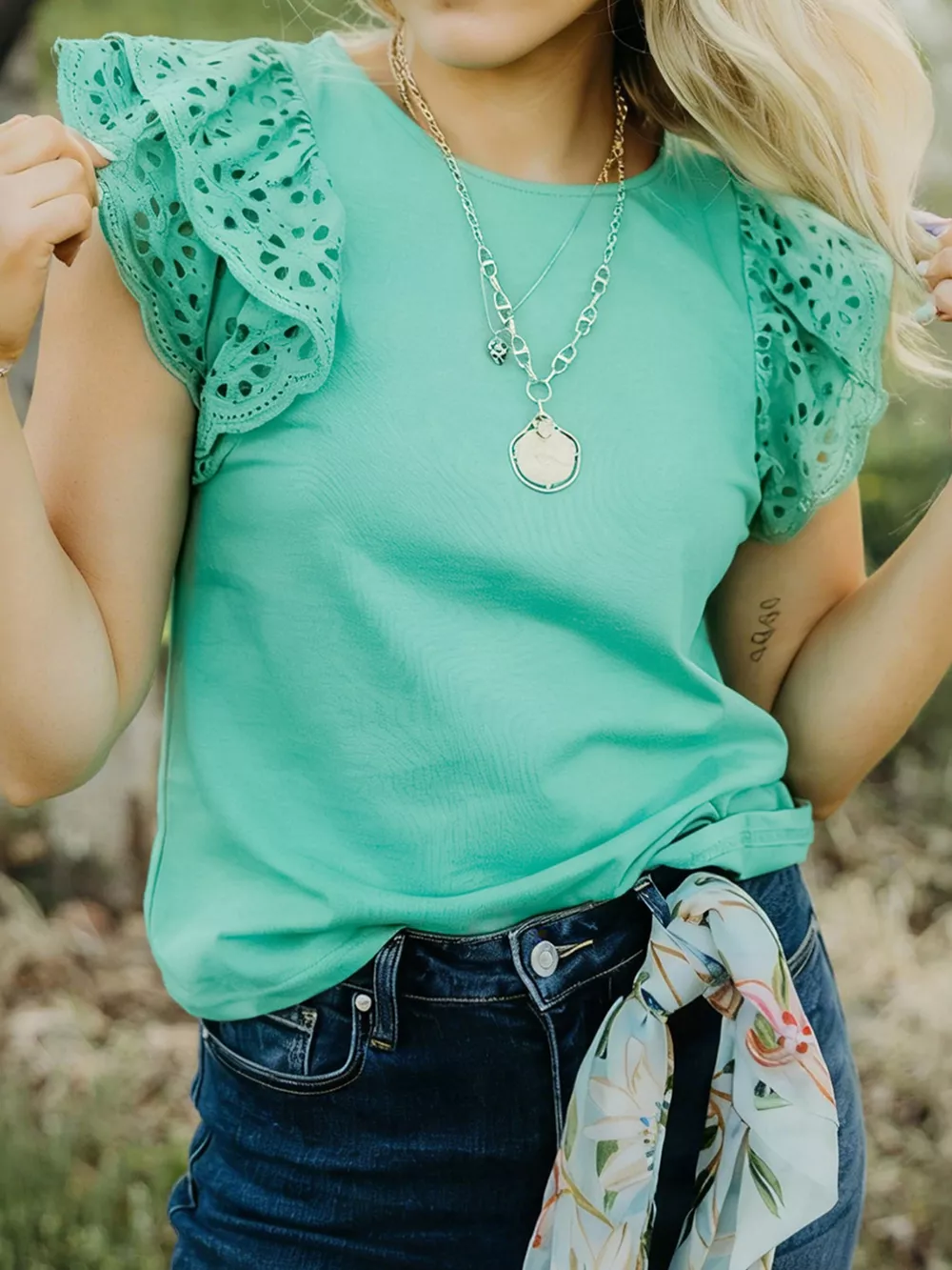 Eyelet Lace Ruffled Cap Sleeve Top, image 2