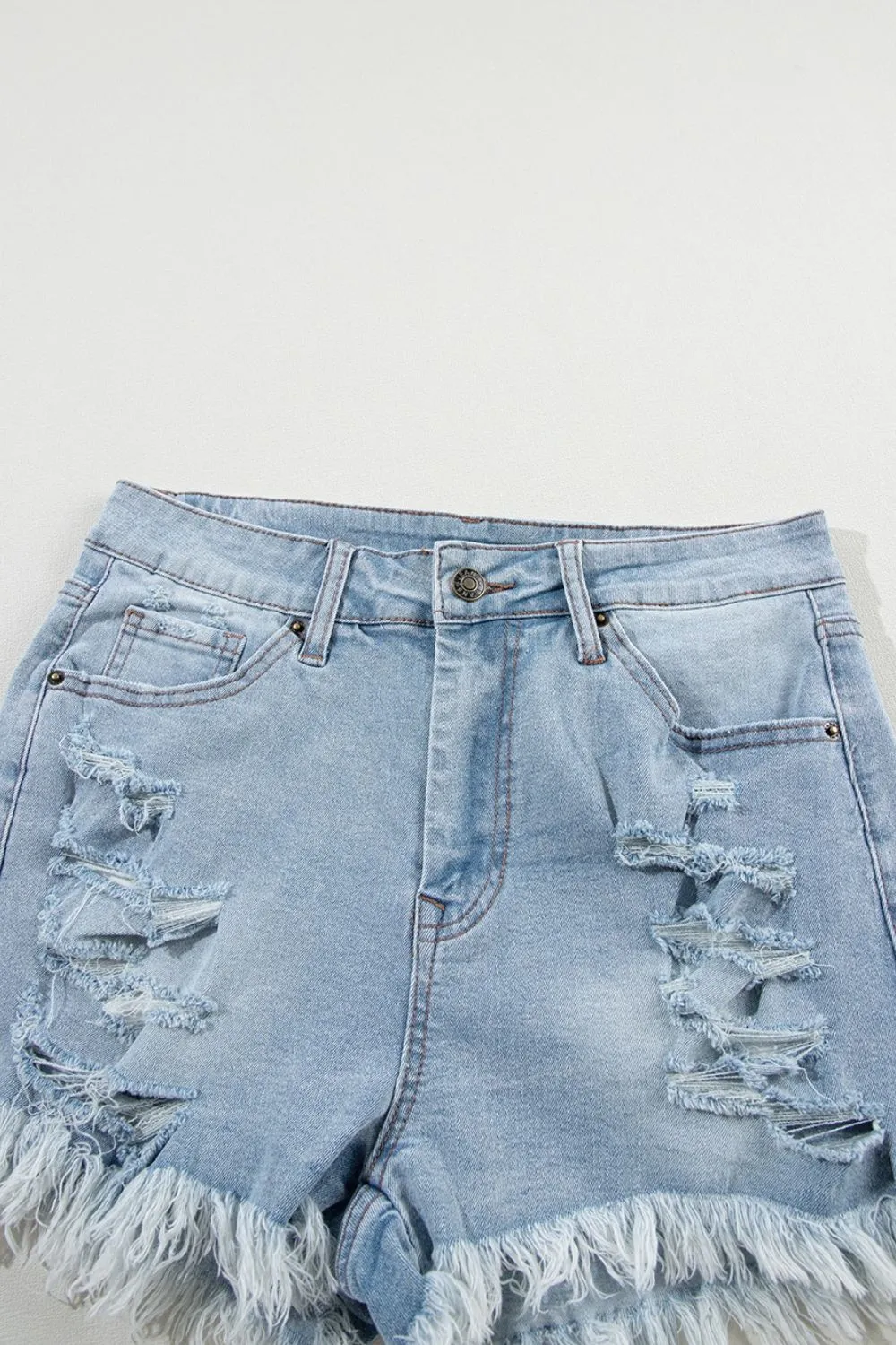 Distressed Raw Hem High Waist Denim Shorts, image 8