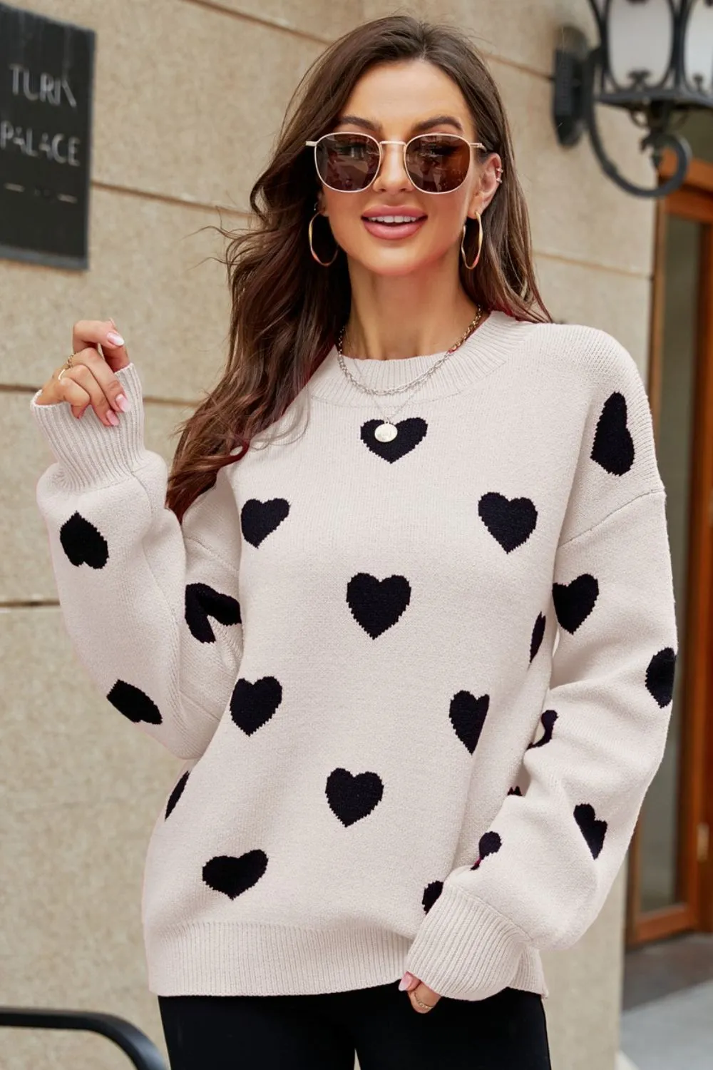 Heart Pattern Lantern Sleeve Round Neck Tunic Sweater