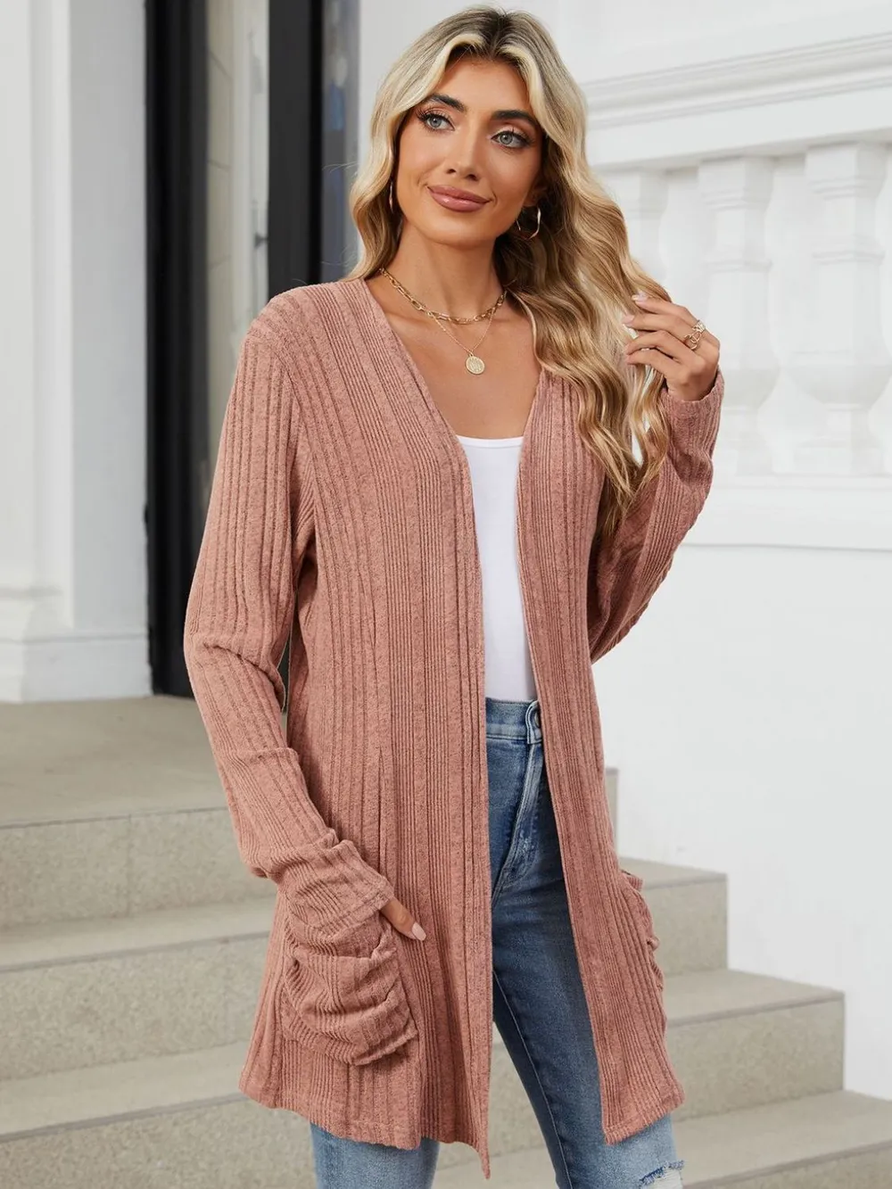 Pocketed Open Front Long Sleeve Cardigan, image 4