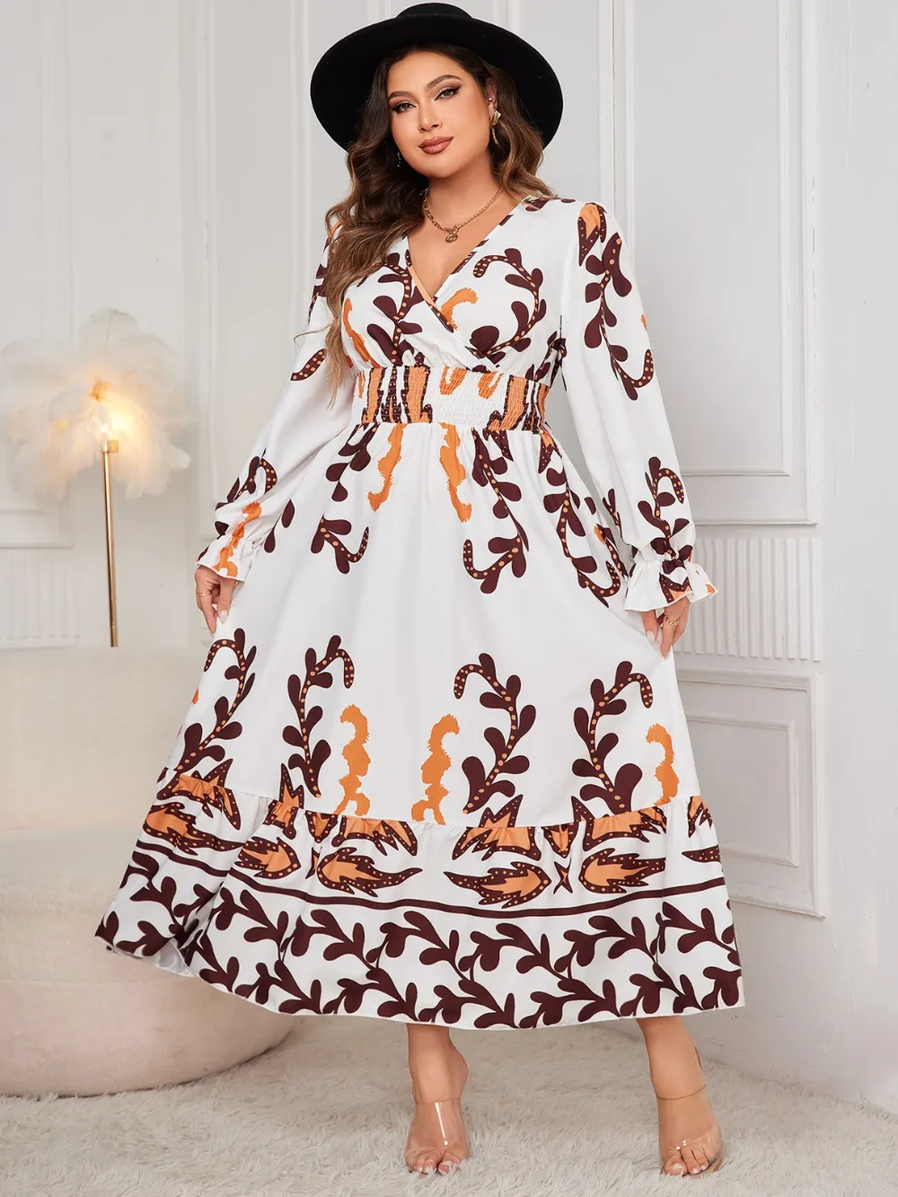 Plus Size Printed Surplice Flounce Sleeve Dress, image 6