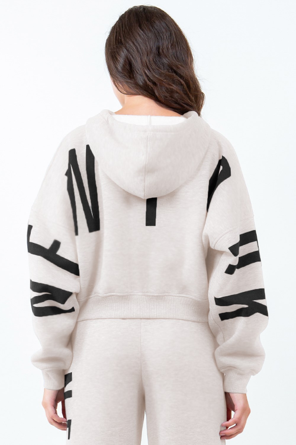 Letter Graphic Long Sleeve Drawstring Cropped Hoodie, image 3