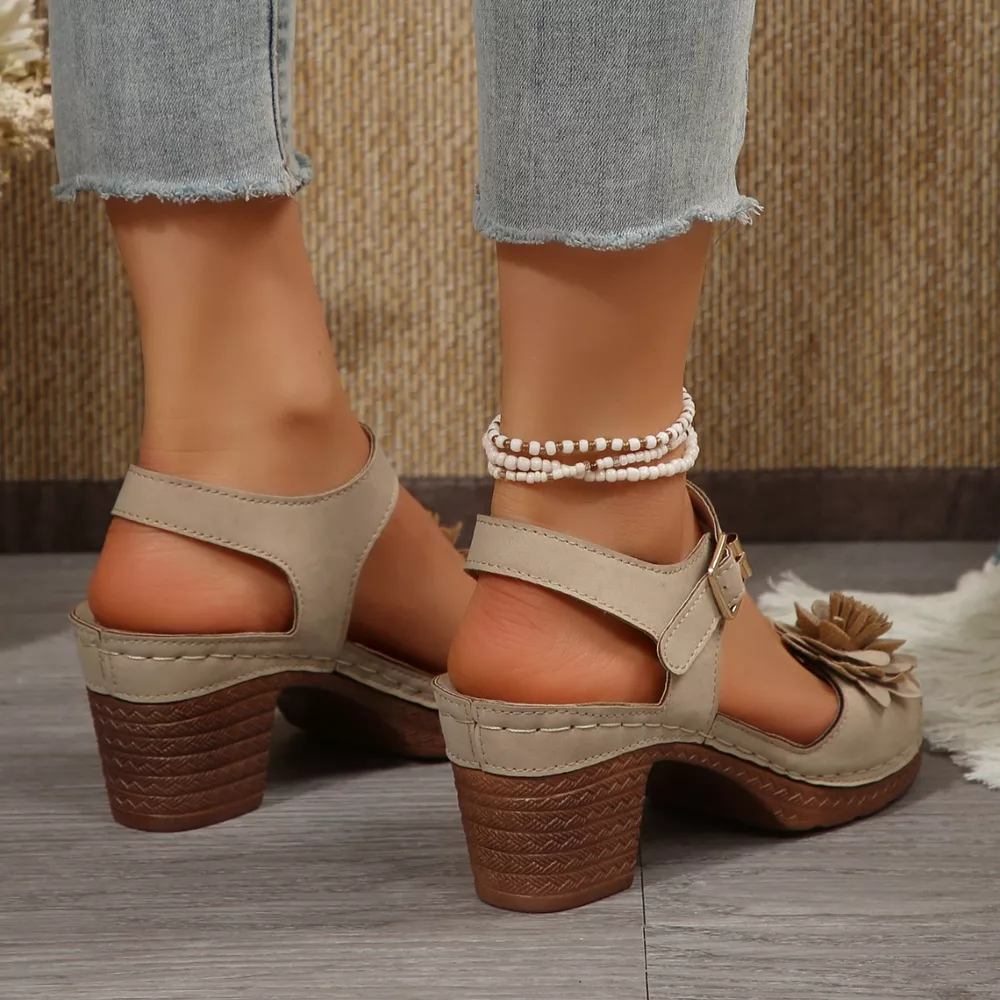 Floral Decor Buckle Ankle Strap Block Heel Sandals, image 16