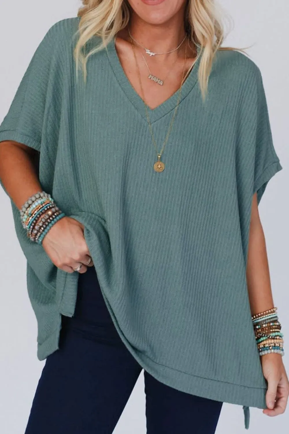 Oversized Ribbed Knit V Neck Dolman Short Sleeve Top, image 3