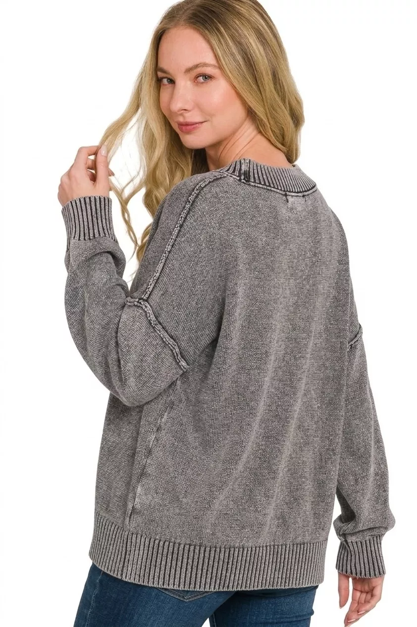 Zenana Washed Deep V-neck Oversized Sweater, image 2