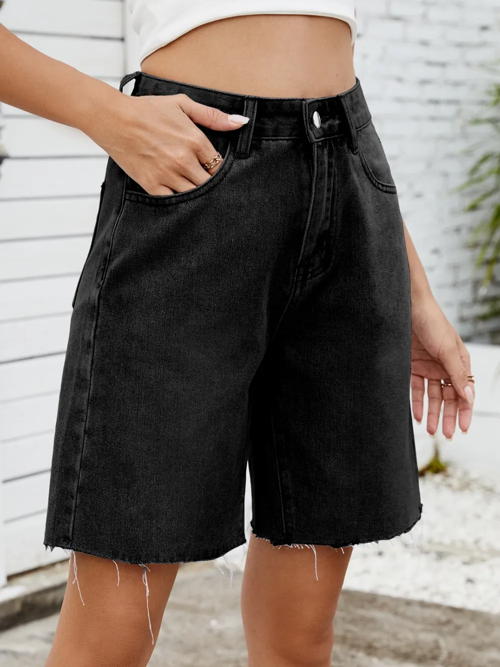 Washed Raw Hem Denim Shorts, image 9