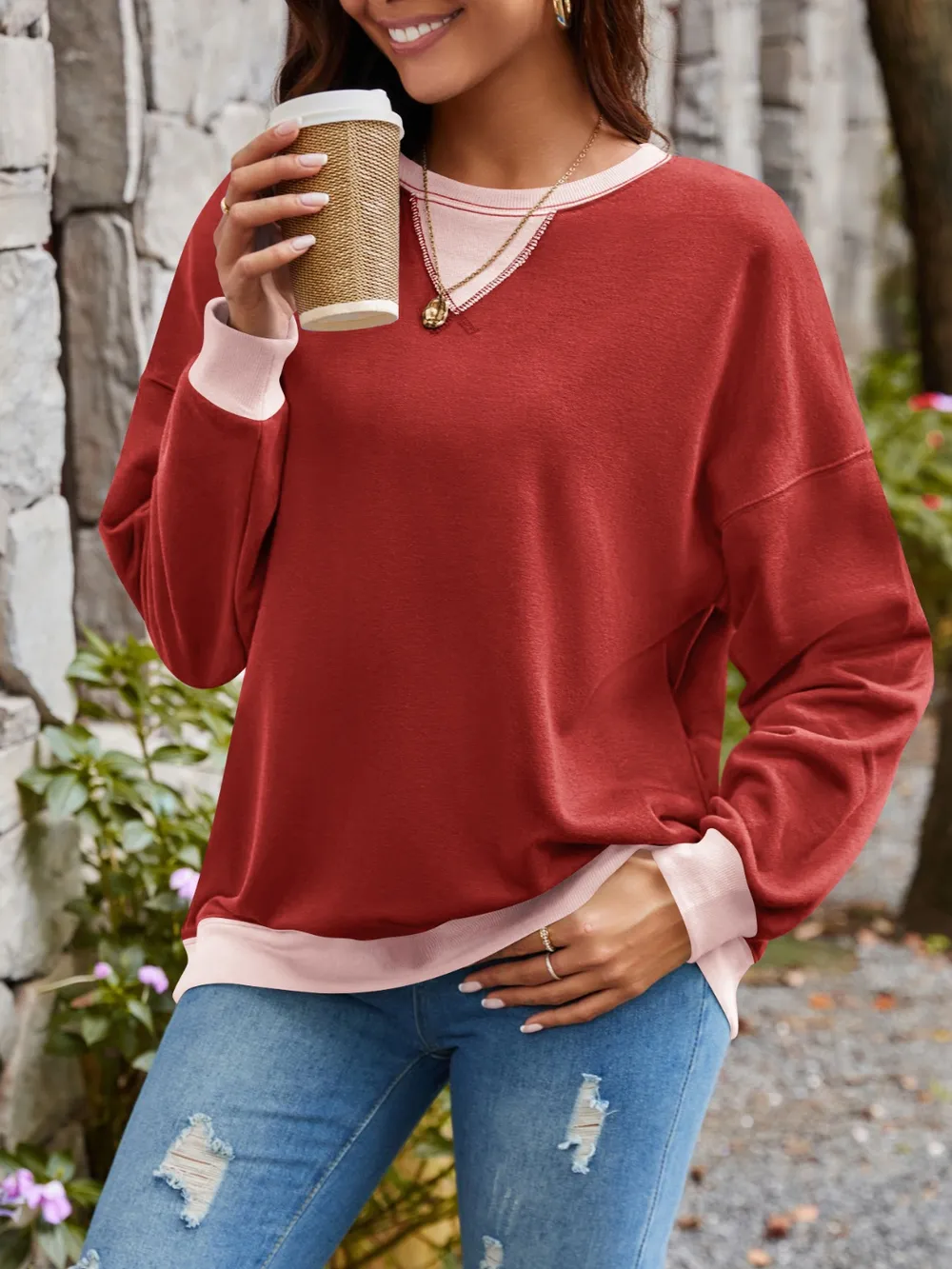 Contrast Round Neck Long Sleeve Sweatshirt, image 31