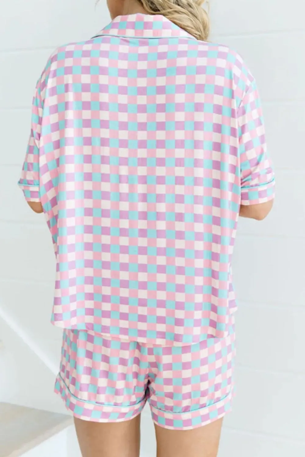 Plaid Collared Neck Short Sleeve Top and Shorts Lounge Set, image 6