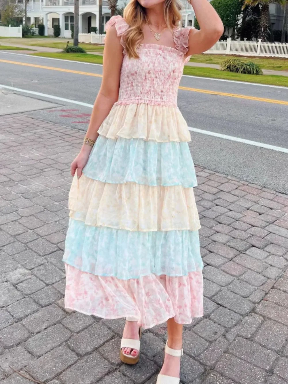 Smocked Ruffle Layered Floral Midi Dress, image 17