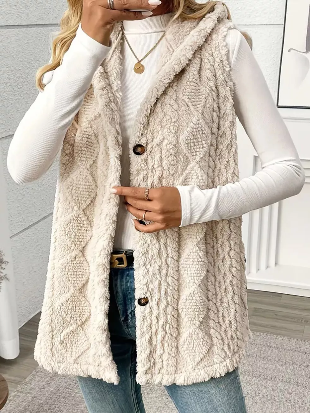 Hooded Button-Up Sherpa Vest Coat, image 17