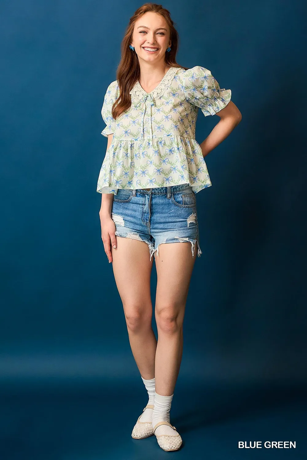 Lace Detail Bow Print Flounce Sleeve Blouse, image 4